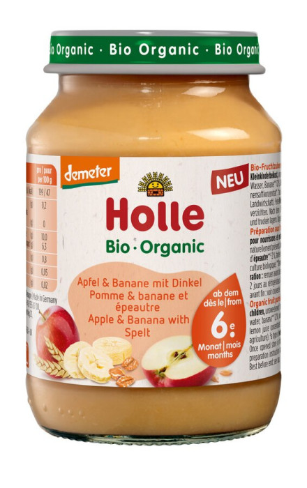 Jabłko - banan z orkiszem bez dodatku cukrów od 6 miesiąca demeter BIO 190 g (SŁOIK) - HOLLE