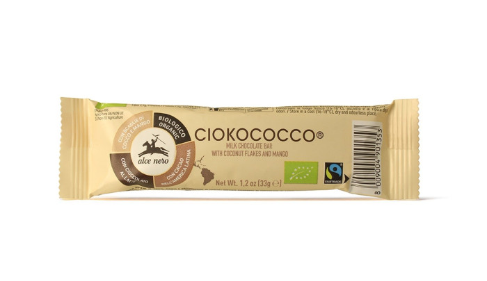 Baton z nadzieniem kokos - mango - chrupki zbożowe w polewie z czekolady mlecznej fair trade BIO 33 g - ALCE NERO