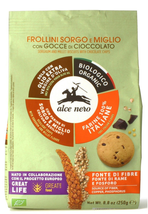 Ciastka z sorgo i prosa z czekoladą i oliwą z oliwek extra virgin (14,5 %) BIO 250 g - ALCE NERO