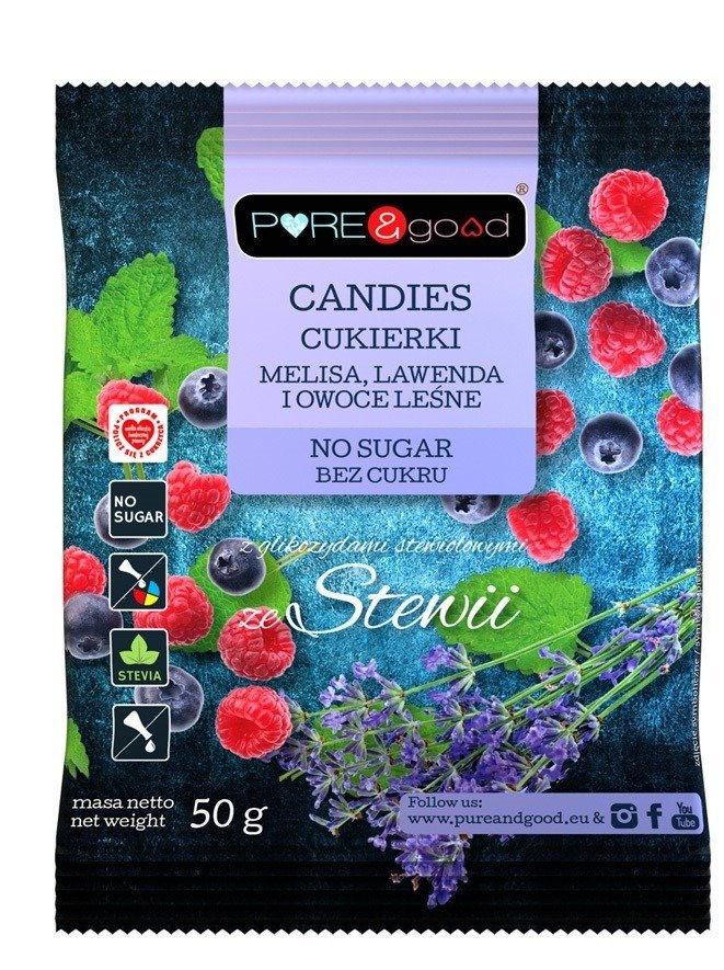 Cukierki z melisą, lawendą i owocami leśnymi ze stewią bez cukru 50 g - PURE&GOOD