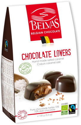 Czekoladki belgijskie serca z karmelem i solą morską fair trade bezglutenowe BIO 100 g - BELVAS