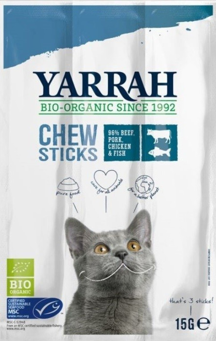 (dla kota) przysmak - pałeczki z wołowiną i rybą BIO (3 x 5 g) 15 g - YARRAH