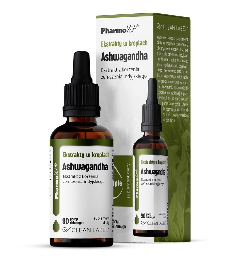 Ekstrakty w kroplach ashwagandha bezglutenowe 30 ml - PHARMOVIT (CLEAN LABEL)