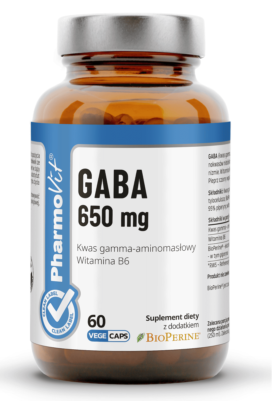 Gaba (650 mg) bezglutenowa 60 kapsułek - PHARMOVIT (CLEAN LABEL)