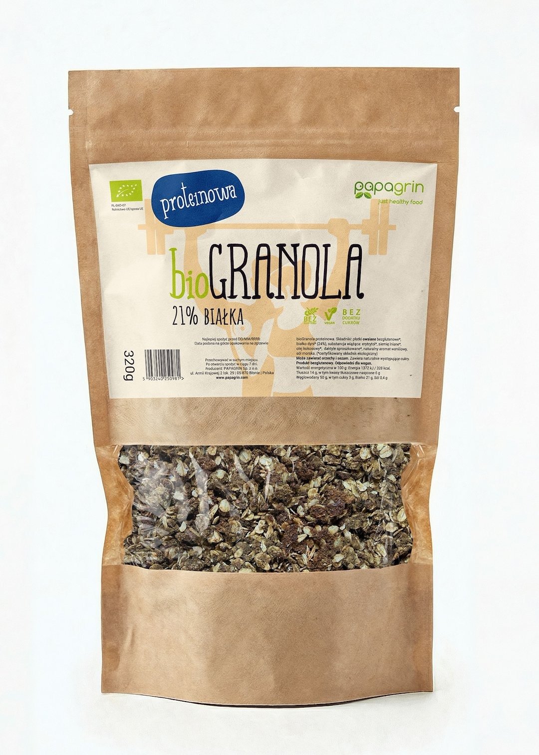 Granola proteinowa bez dodatku cukrów BIO 320 g - PAPAGRIN