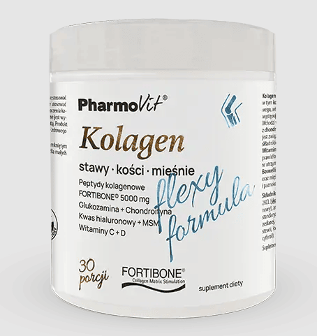 Kolagen o smaku bananowym flexy formula bezglutenowy w proszku 196 g - PHARMOVIT