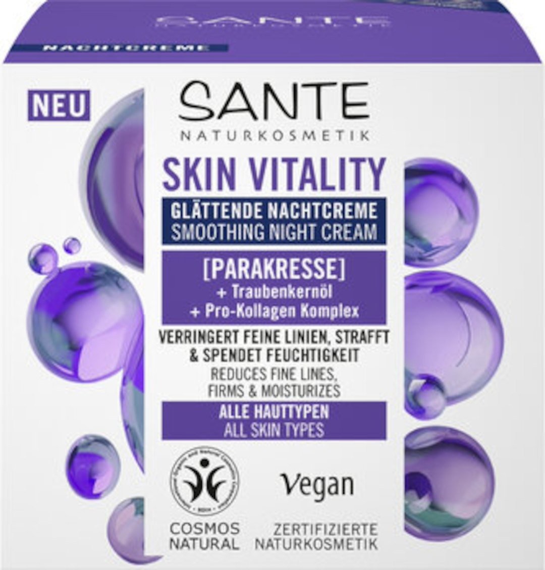 Krem do twarzy na noc wygładzający z parakresem, olejem z pestek winogron i kompleksem pro-kolagenowym eco 50 ml - SANTE