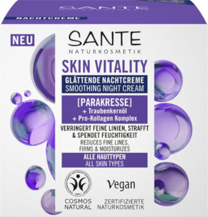 Krem do twarzy na noc wygładzający z parakresem, olejem z pestek winogron i kompleksem pro-kolagenowym eco 50 ml - SANTE