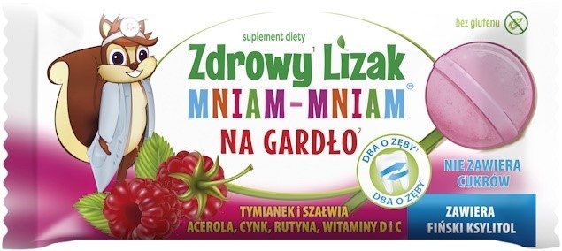 Lizak o smaku malinowym na gardło bez cukru bezglutenowy 6 g - MNIAM MNIAM STARPHARMA