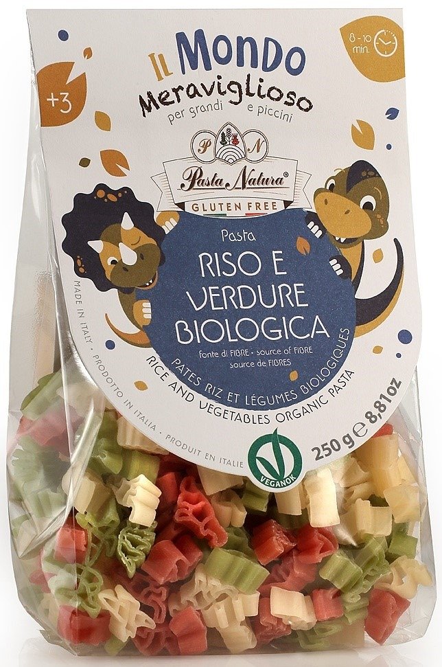 Makaron (ryżowy trójkolorowy) dla dzieci dinozaury bezglutenowy BIO 250 g - PASTA NATURA