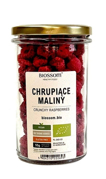 Maliny liofilizowane chrupiące bezglutenowe BIO 55 g - BIOSSOM