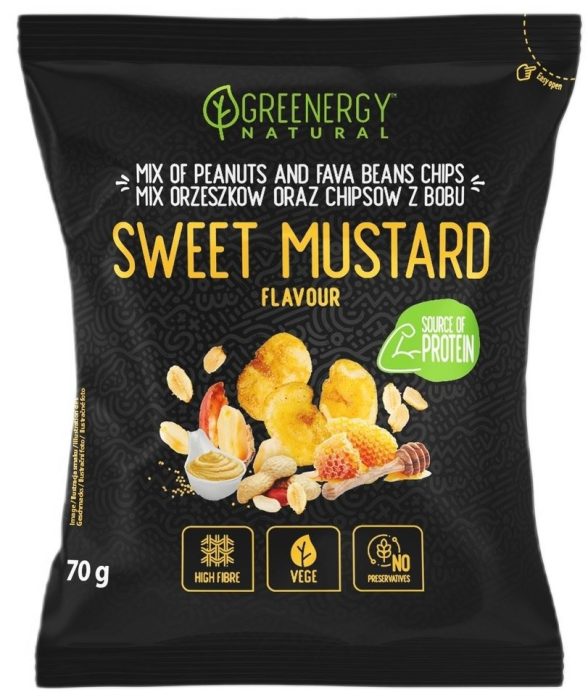 Mieszanka proteinowa orzeszków i chipsów z bobu słodka musztarda 70 g - GREENERGY