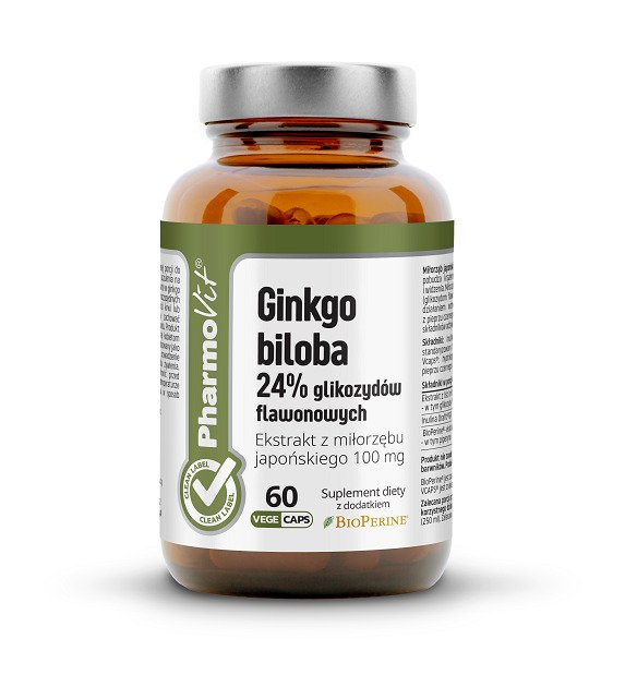 Miłorząb japoński - GINKGO BILOBA EKSTRAKT (100 mg) BEZGLUTENOWY 60 KAPSUŁEK - PHARMOVIT (CLEAN LABEL)