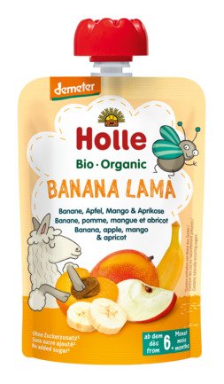 Mus bananowa lama (banan - jabłko - mango - morela) bez dodatku cukrów bezglutenowa od 6 miesiąca demeter BIO 100 g - HOLLE