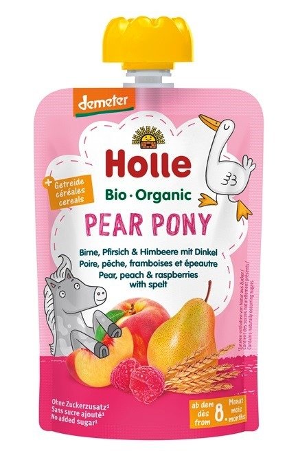 Mus gruszkowy kucyk (gruszka - brzoskwinia - malina - orkisz) bez dodatku cukrów od 8 miesiąca demeter BIO 100 g - HOLLE