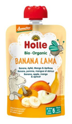 Mus w tubce bananowa lama (banan - jabłko - mango - morela) bez dodatku cukrów od 6 miesiąca demeter BIO 100 g - HOLLE