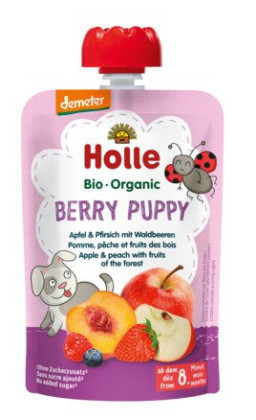 Mus w tubce jagodowy piesek (jabłko - brzoskwinia - owoce leśne) bez dodatku cukrów od 8 miesiąca demeter BIO 100 g - HOLLE