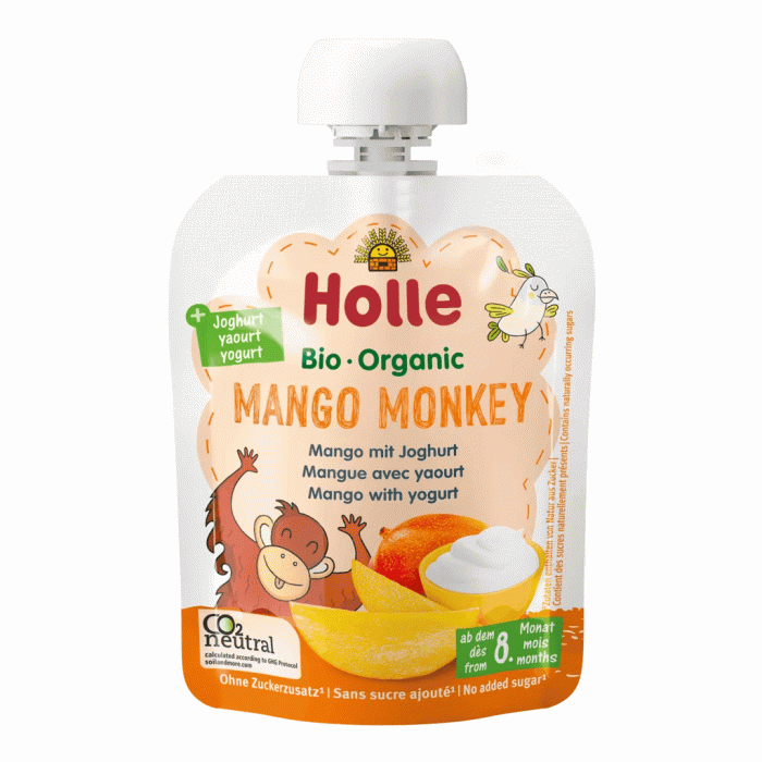 Mus w tubce mango małpka (mango - jogurt) bez dodatku cukrów od 8 miesiąca BIO 85 g - HOLLE