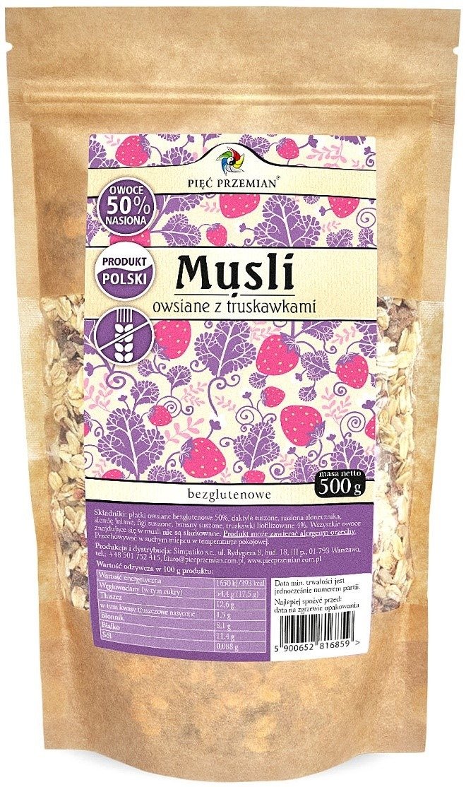 Musli owsiane truskawkowe bez dodatku cukrów bezglutenowe 500 g - PIĘĆ PRZEMIAN