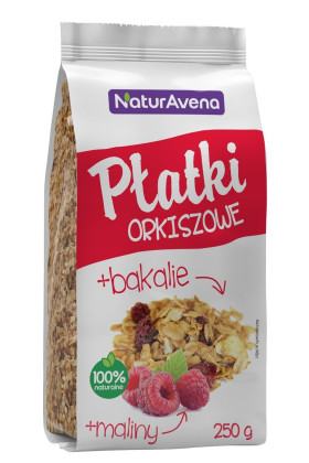 Płatki orkiszowe z owocami tropikalnymi, słonecznikiem i malinami 200 g - NATURAVENA
