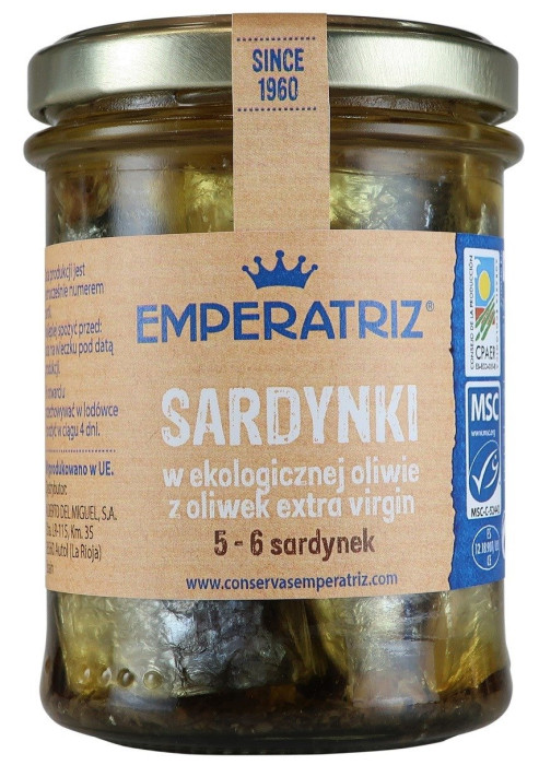 Sardynki europejskie w BIO OLIWIE Z OLIWEK EXTRA VIRGIN 180 g (126 g) (SŁOIK) - EMPERATRIZ