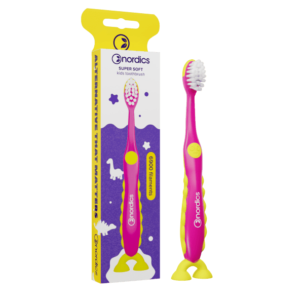 Szczoteczka do zębów dla dzieci 6900 super miękka różowo - ŻÓŁTA DINOZAUR - NORDICS