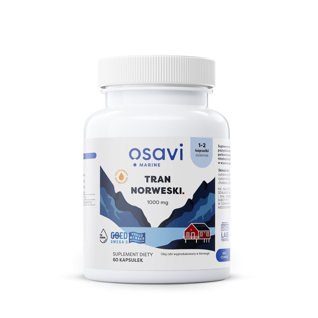Tran norweski (1000 mg) o smaku cytrynowym bezglutenowy 60 kapsułek - OSAVI