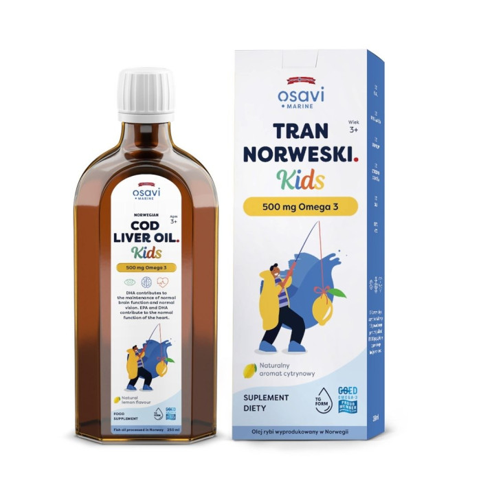 Tran norweski omega-3 (500 mg) dla dzieci od 3 roku o smaku cytrynowym 250 ml - OSAVI