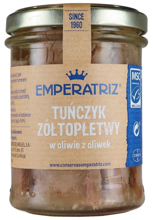 Tuńczyk żółtopłetwy filety msc w oliwie z oliwek 180 g (120 g) (słoik) - EMPERATRIZ