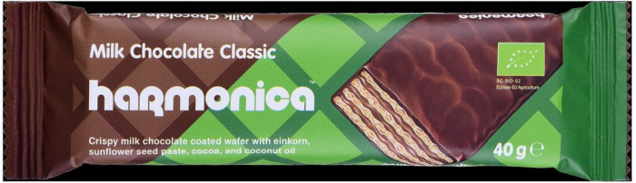 Wafelek z samopszy z kremem mleczno - kakaowym w polewie z czekolady mlecznej BIO 40 g - HARMONICA