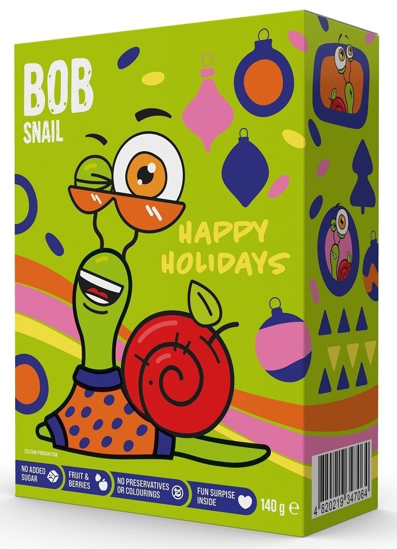 Zestaw świąteczny - PRZEKĄSKI OWOCOWE Z ZABAWKĄ I NAKLEJKĄ BEZ DODATKU CUKRÓW BEZGLUTENOWE 140 g - BOB SNAIL (PRODUKT SEZONOWY)